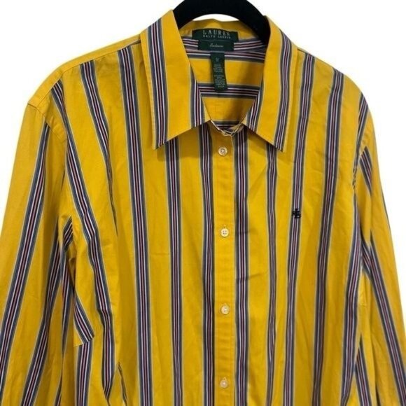 Lauren Ralph Lauren Yellow Striped Boxy Button Down Peasant Bohemian Artsy 1X - Picture 3 of 11
